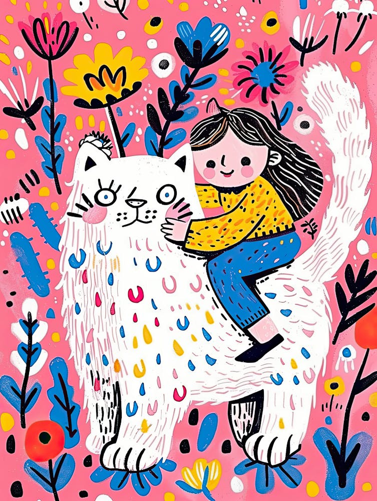 Little Girl Riding A White Cat |Children's prints & kids posters 1