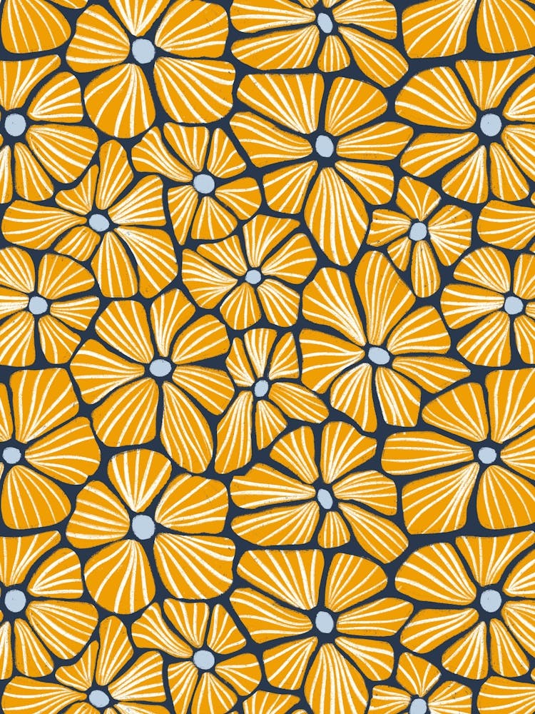 Mosaïque Florale Or Marine Texturée Dessinée à la Main