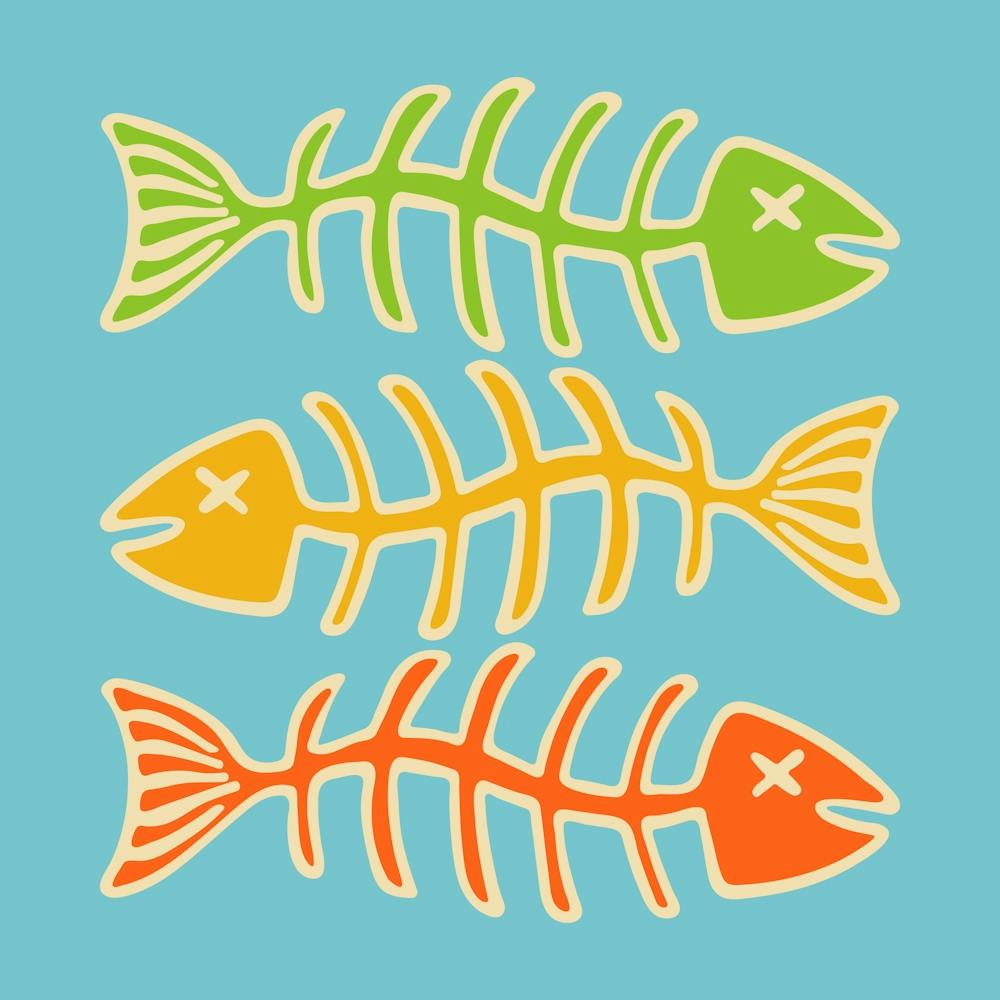 FISH BONES Pop Art Seafood in Vintage Retro Green Yellow Orange on Blue Kitchen Food