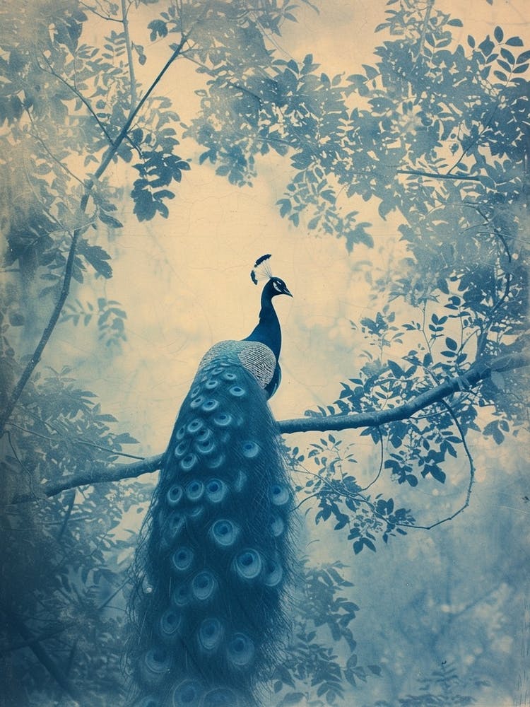 Peacock In A Tree Turquoise Cyanotype Inspired  3