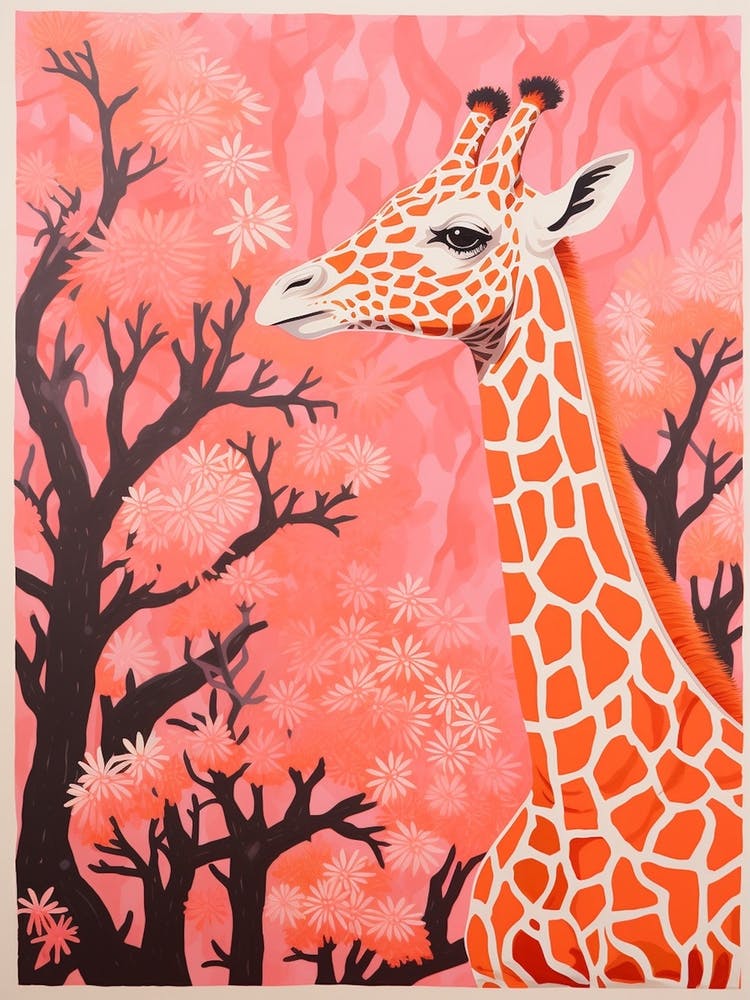 Giraffe Pink Blooming Portrait 1