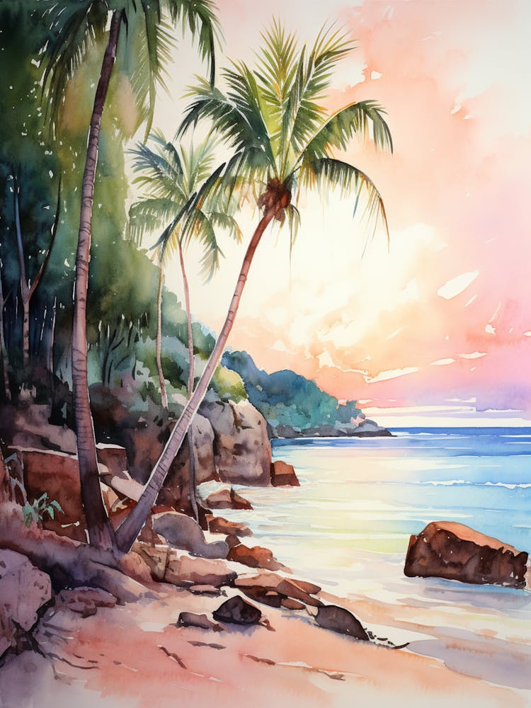 Watercolor Painting Of Anse Cocos, La Digue Seychelles 4