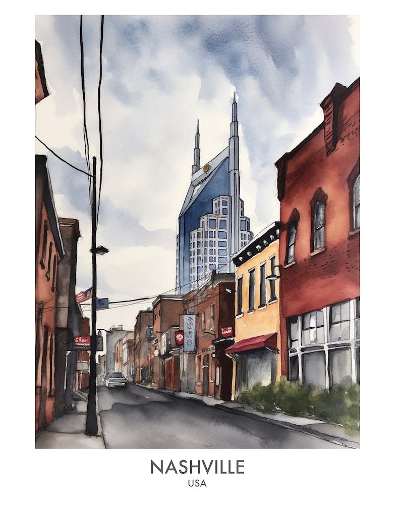 Nashville Watercolour Travel Poster