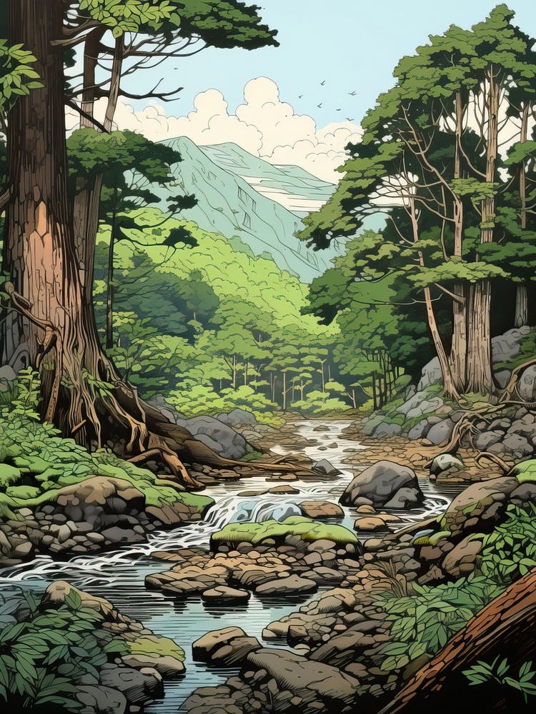 Aso Kuju National Park In Kumamoto, Ukiyo E Drawing 1