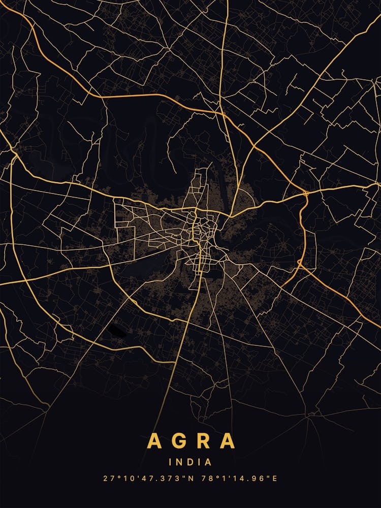 Agra India Black And Gold Map