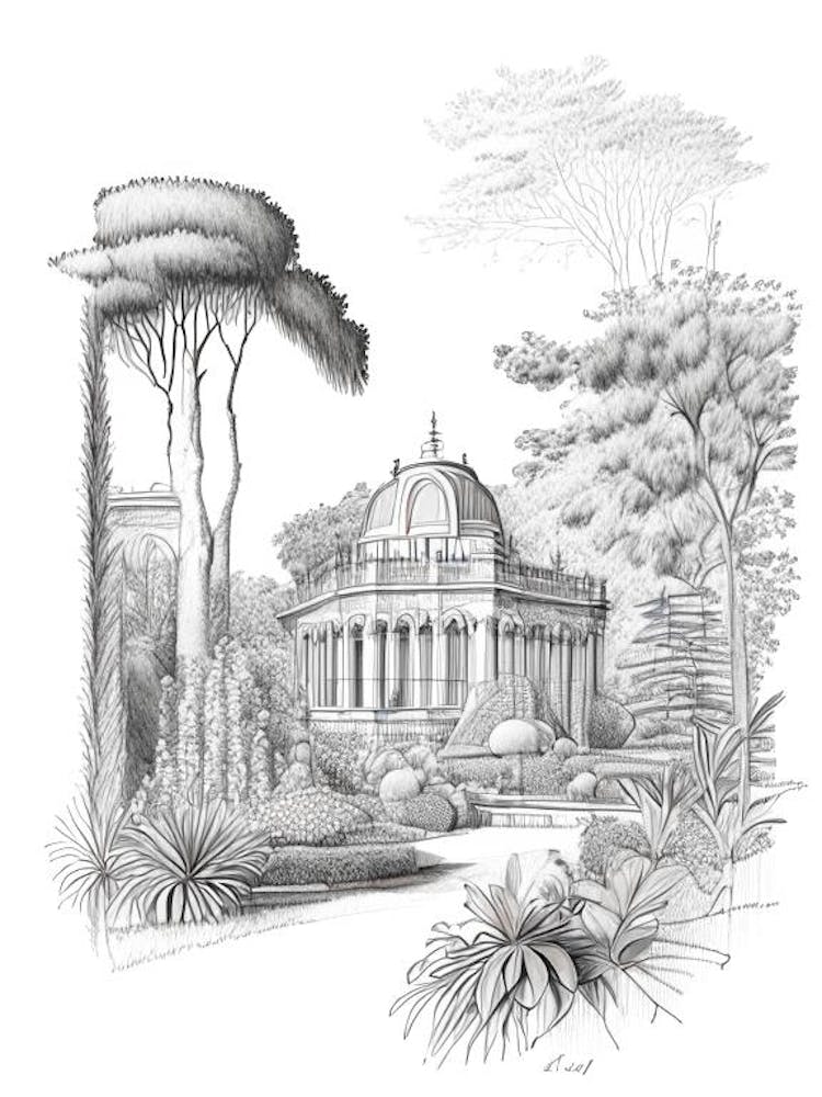 Giardini Botanici Villa Taranto, Italy Vintage Pencil Drawing