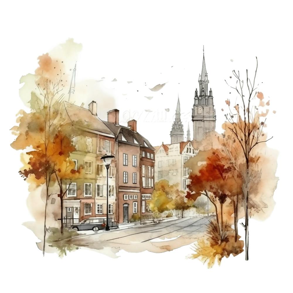 Watercolor Autumn City Street 1
