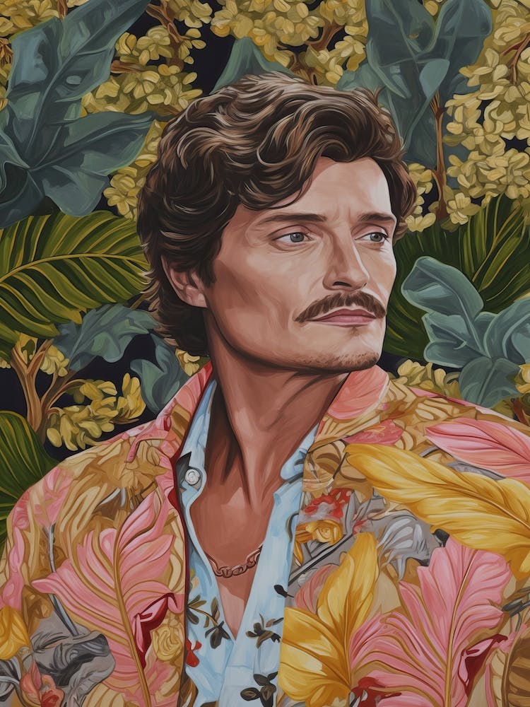 Florales handgemaltes Porträt von Pedro Pascal 1