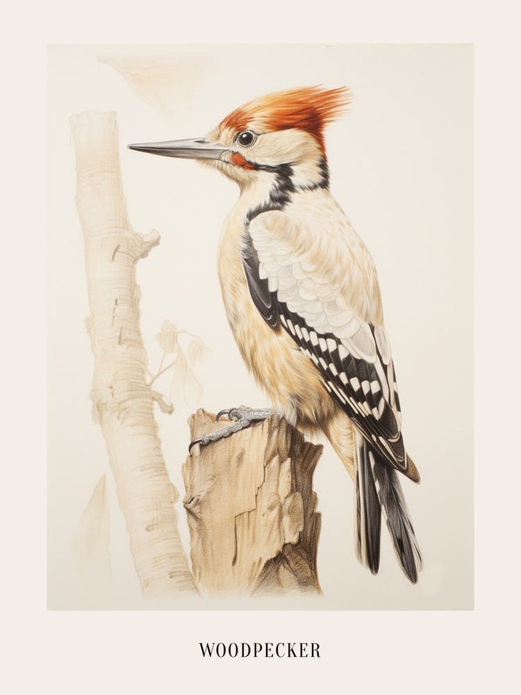 Vintage Bird Drawing Woodpecker 1 Poster