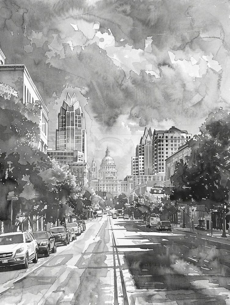 South Congress Avenue Austin Texas Black And White Watercolour 2