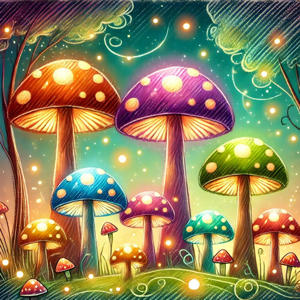 Whimsical Crayon Art. The Glowing Mushroom Forest