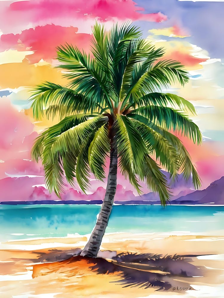 Watercolor Palm Tree On The Beach