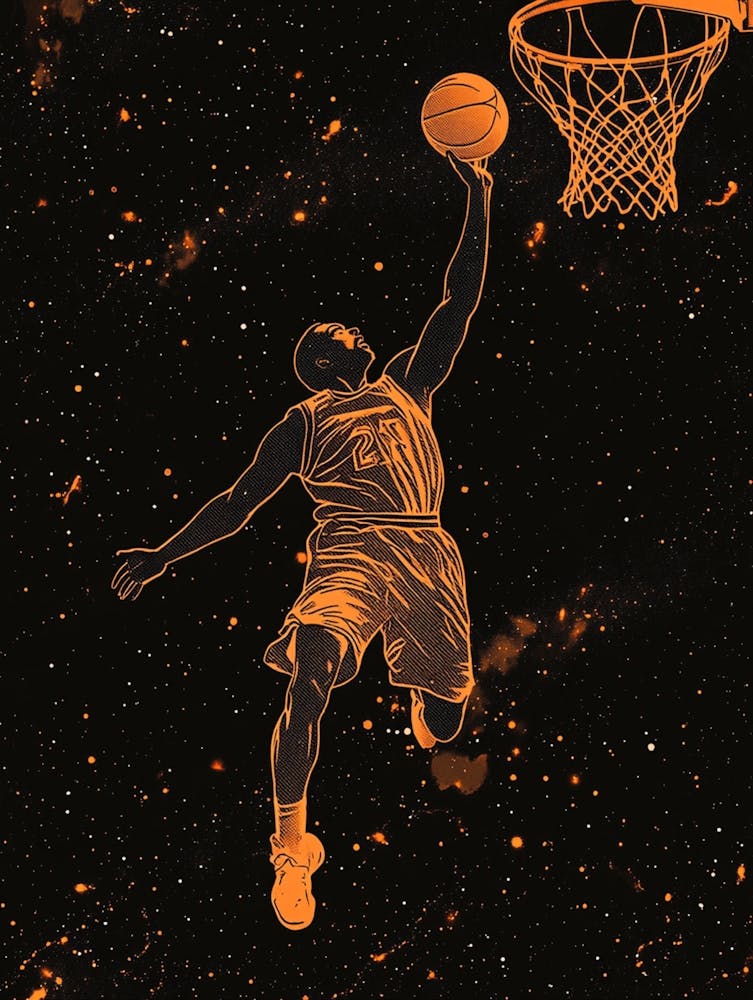 A Basketball Player Is In Mid Air, About To Dunk The Ball With Their Right Hand