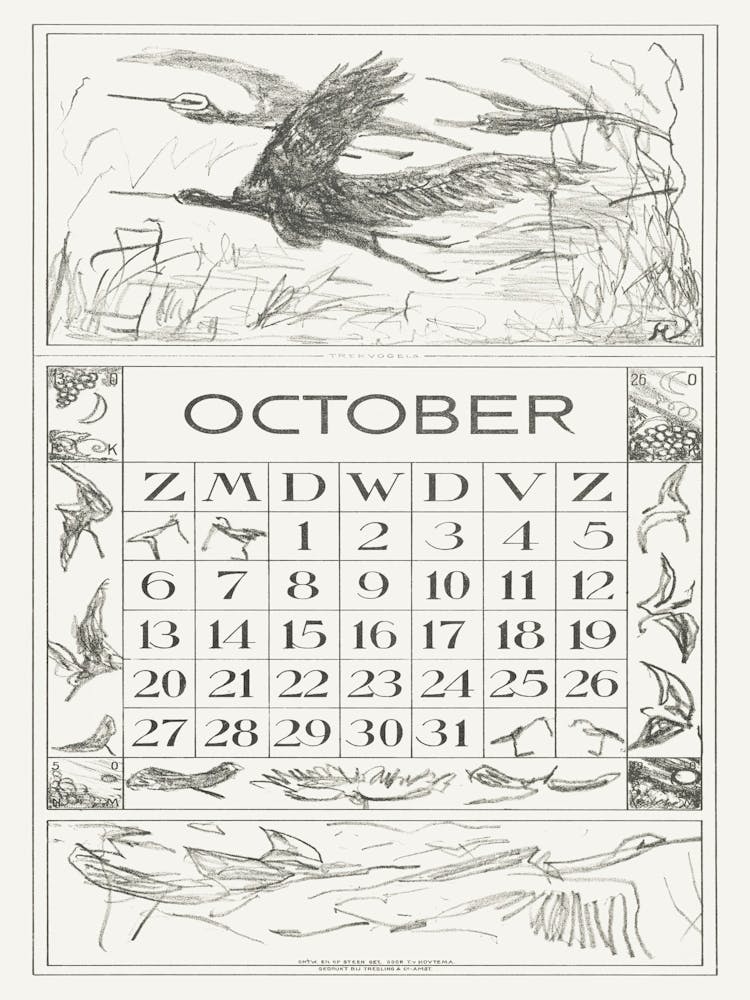 October Calendar Sheet With Migratory Birds (1917), Theo Van Hoytema