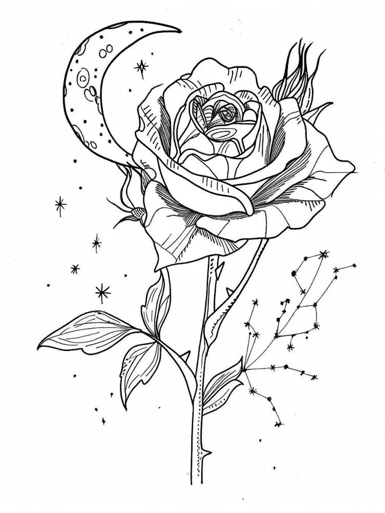 Roses And The Moon Line Drawing 1