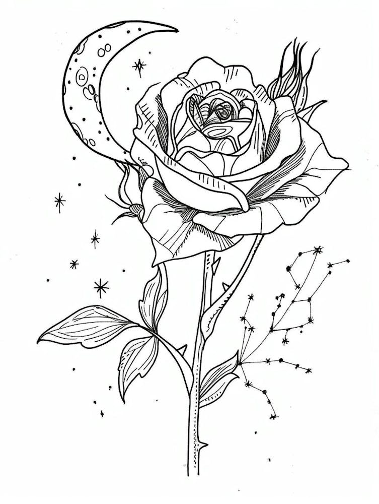Roses And The Moon Line Drawing 1