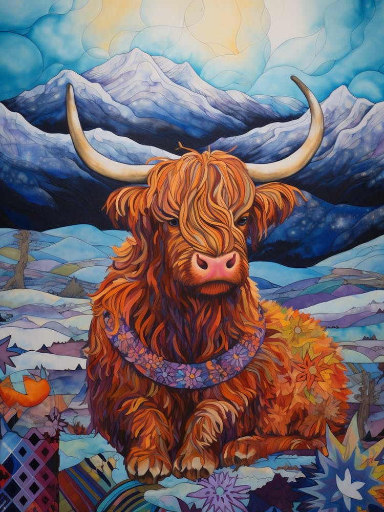 Patchwork Colourful Highland Cow Illustration With The Mountains