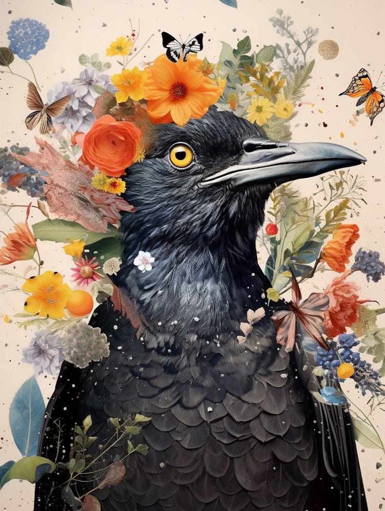 Merle noir 4 - Oiseau avec une couronne de fleurs