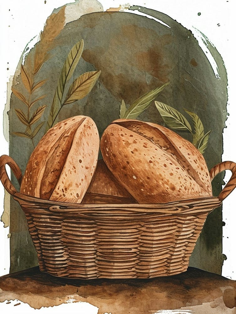 Rustic Bread In A Basket Watercolour Illustration 2