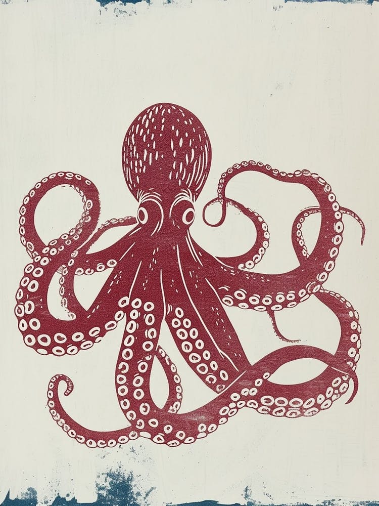 Hand Printed Style Red & Navy Octopus 4