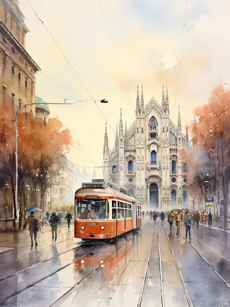Milan Italy In Autumn Fall, Watercolour 3