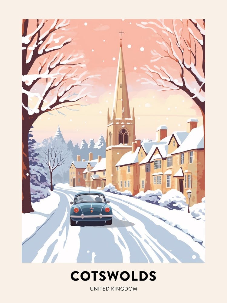 Vintage Winter Reiseplakat Cotswolds Vereinigtes Königreich 1