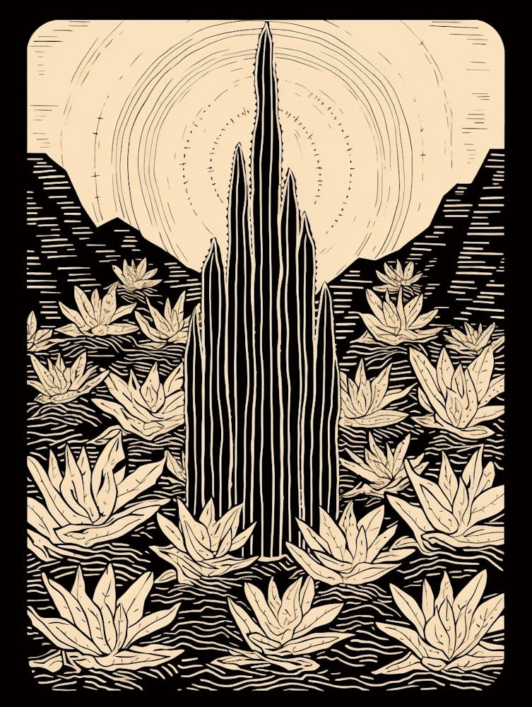 B&W Cactus Illustration Organ Pipe Cactus 1