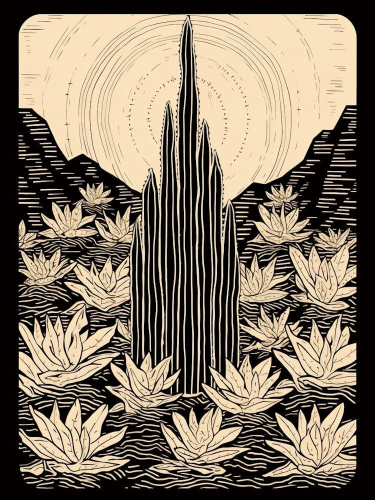 B&W Cactus Illustration Organ Pipe Cactus 1