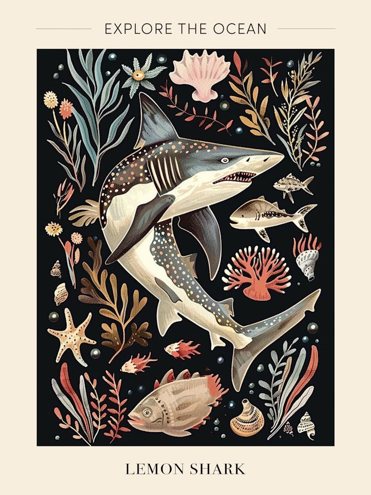 Lemon Shark Seascape Black Background Illustration 3 Poster
