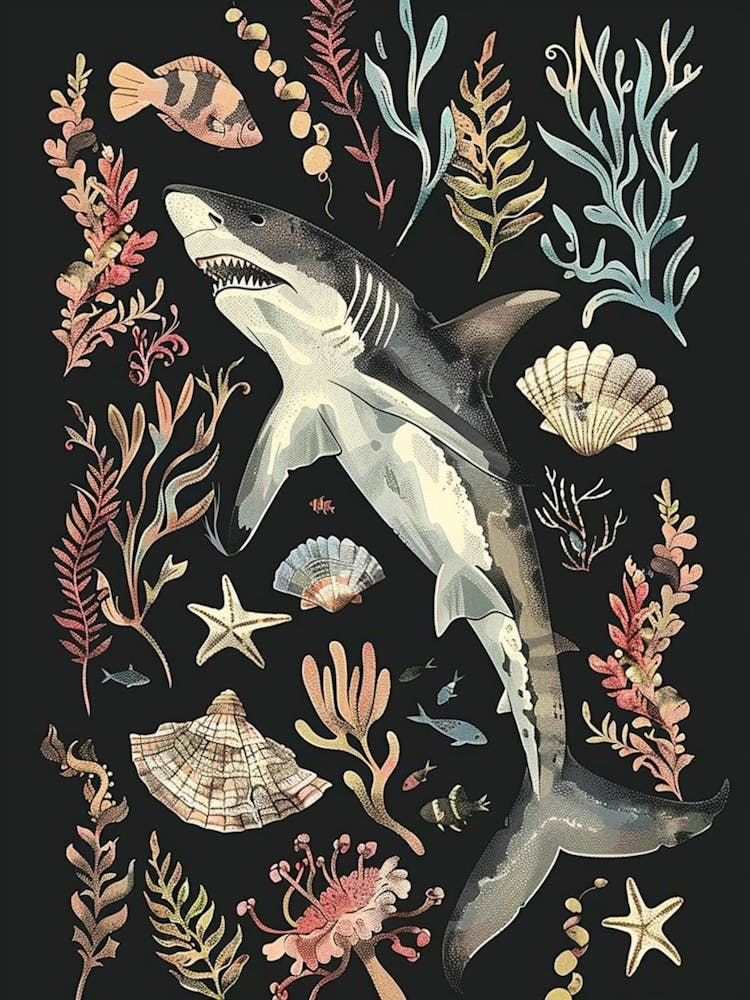 Wobbegong Shark Seascape Black Background Illustration 3