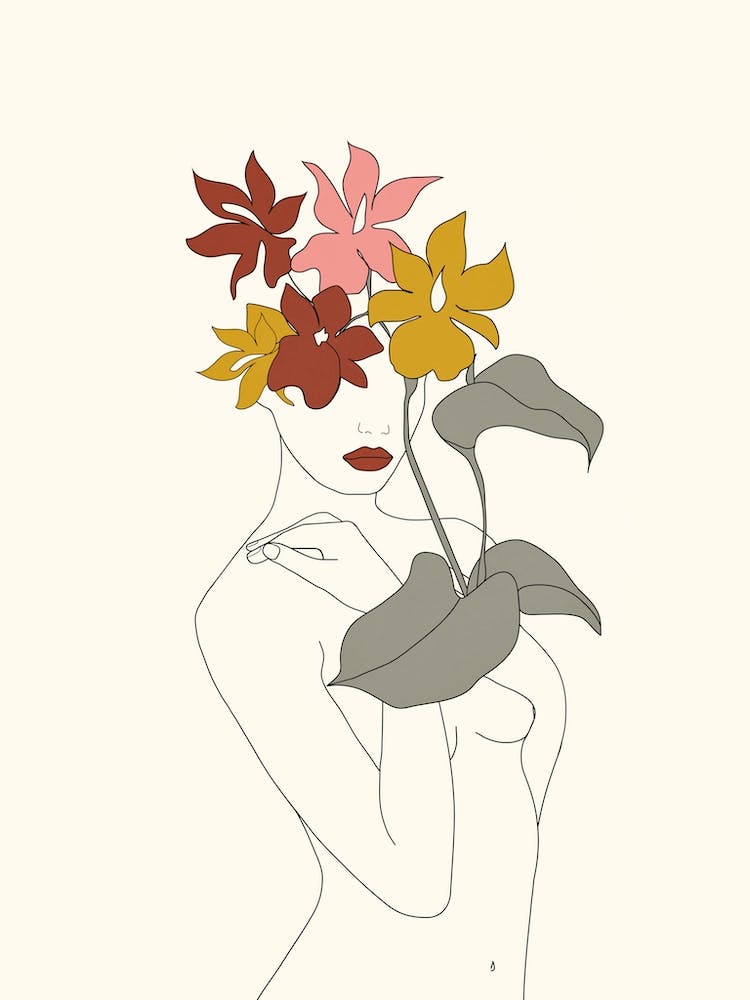 Colorful Thoughts Minimal Line Art Woman With Flowers V