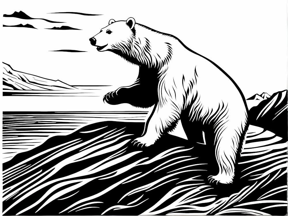 Playful Polar Bear On Cliff Linocut Black And White Solid White art, animal art, 172