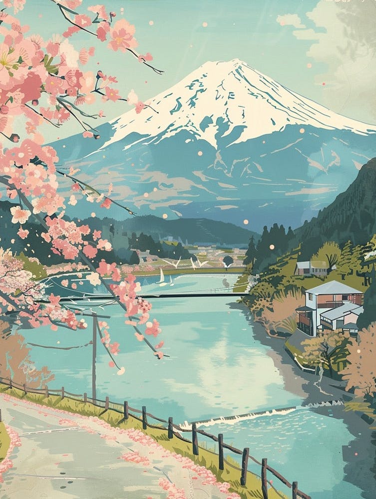 Fujikawaguchiko Japan 2 Retro Illustration
