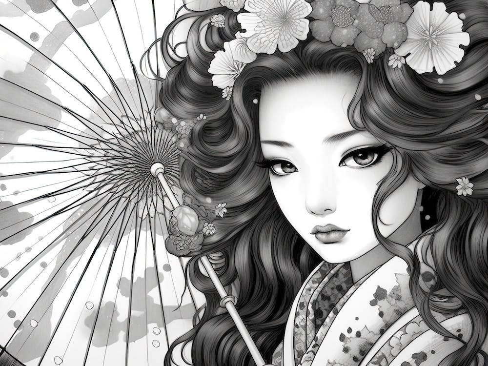 Anime Style Geisha Black And White 1