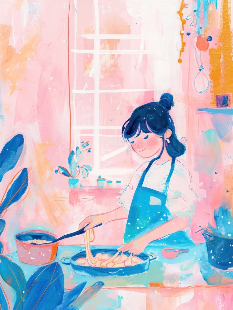Mädchen kocht Pasta Lo-Fi Kawaii Illustration 2