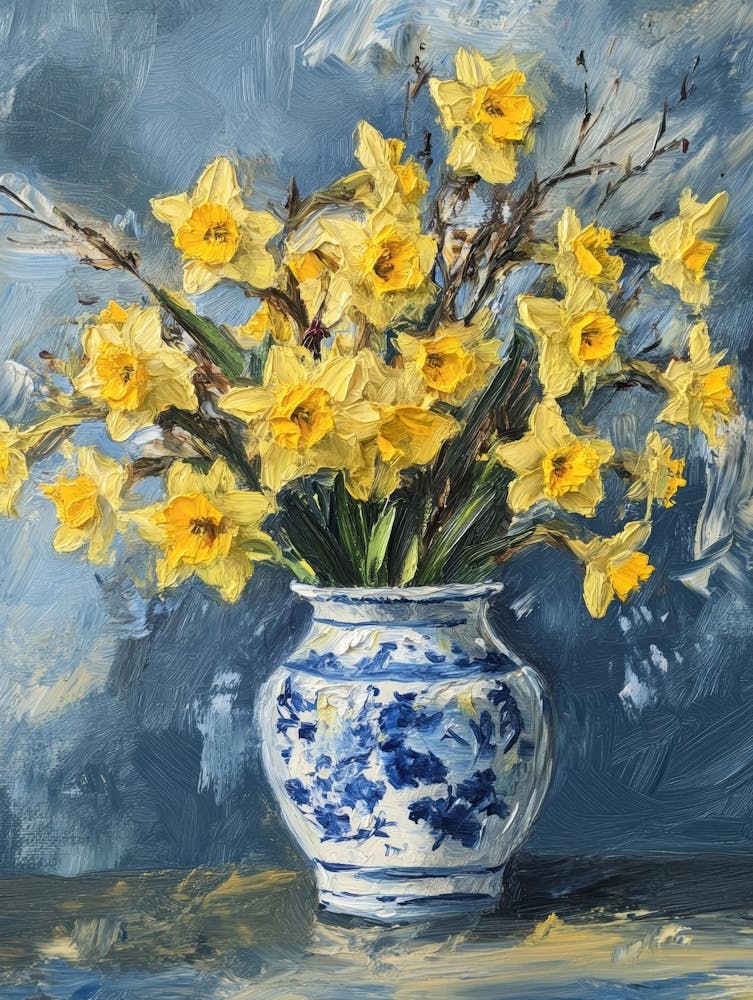 Daffodils In Blue And White Vase