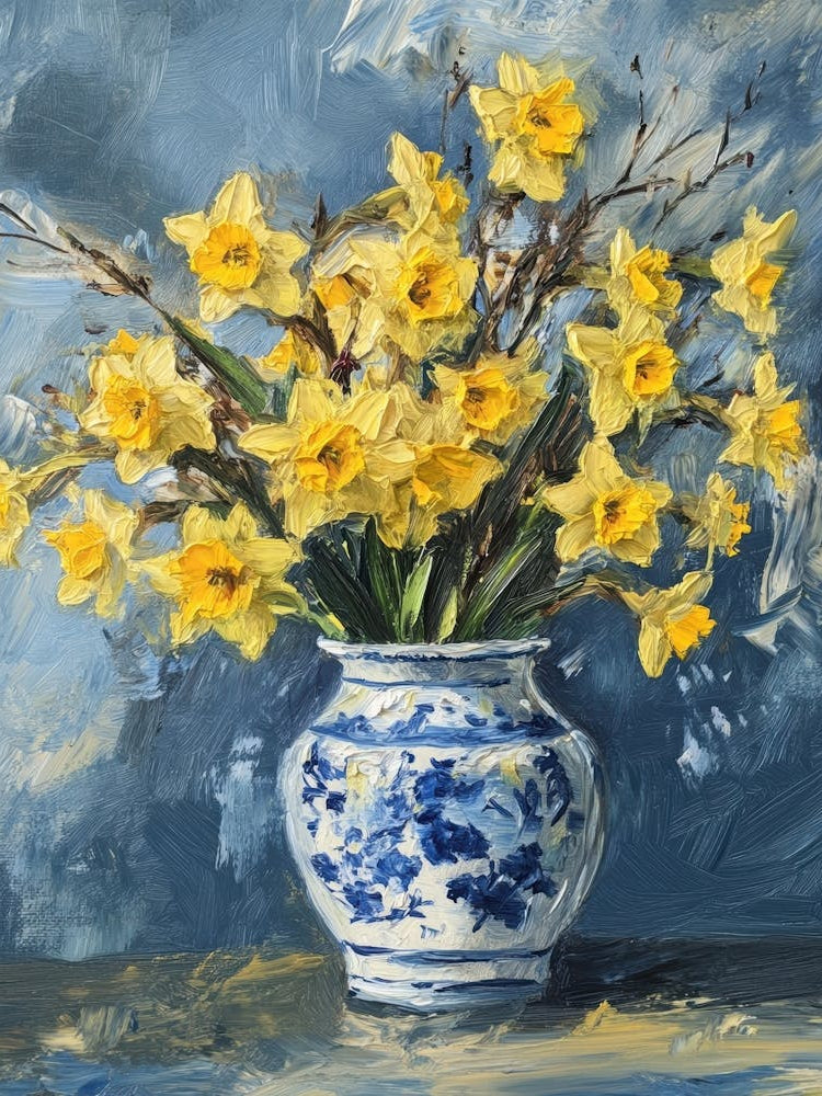 Daffodils In Blue And White Vase
