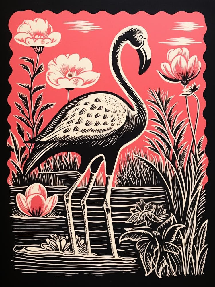 Vintage Bird Linocut Flamingo 2
