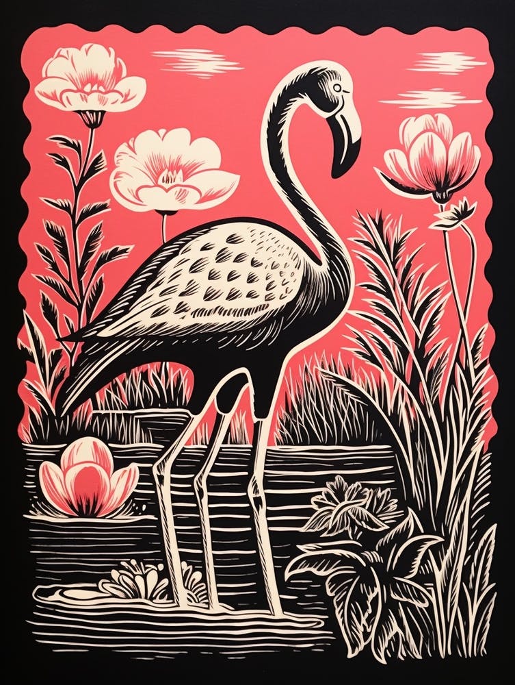 Vintage Bird Linocut Flamingo 2