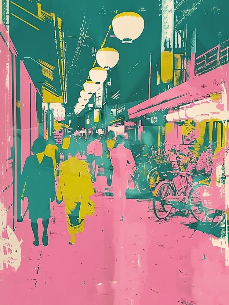 Japan Street Scene Pink Silkscreen