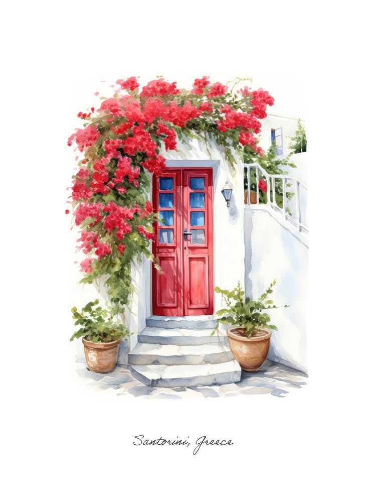 Santorini, Greece   Mediterranean Doors Watercolour Painting 7 Poster