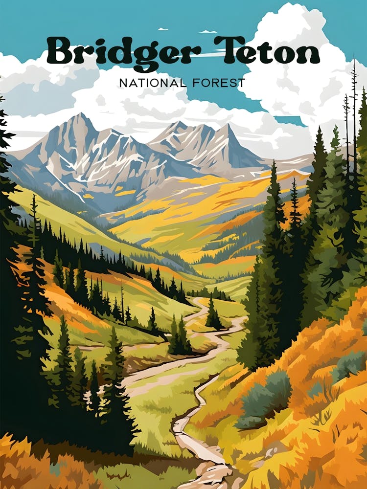 Bridger Teton National Forest Hiking Modern Travel Illustration