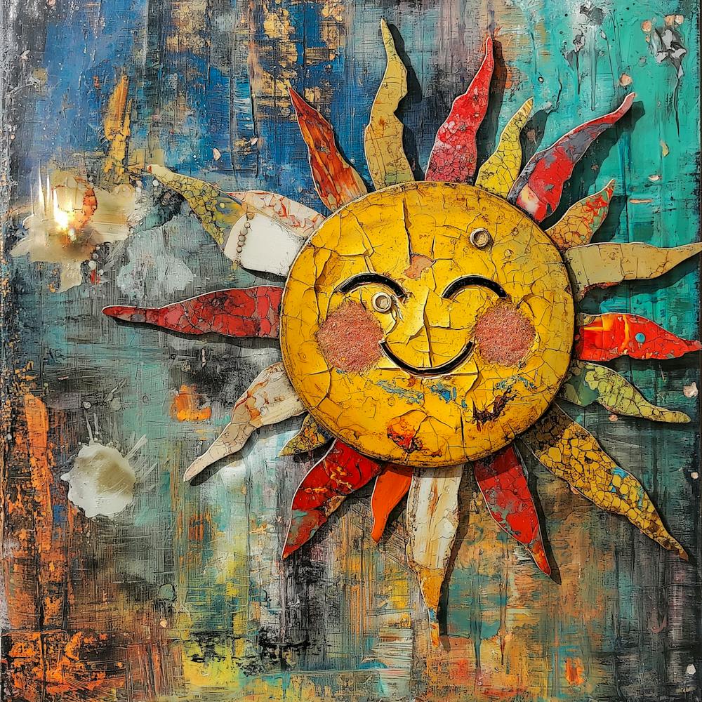 Rustic Sun Wall Art Vintage Textured Metal & Wood Decor, Smiling Sunburst, Colorful Boho Home Accent, Worn Industrial Aesthetic