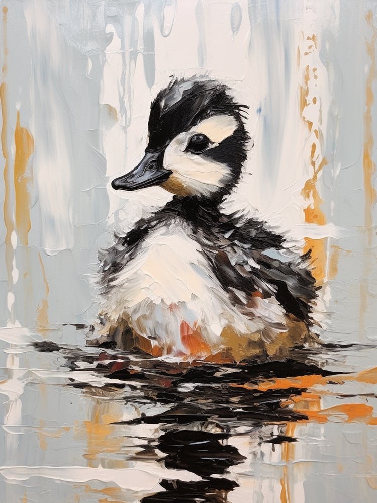 Textured Black White & Orange Brushstroke Painting Of A Duckling