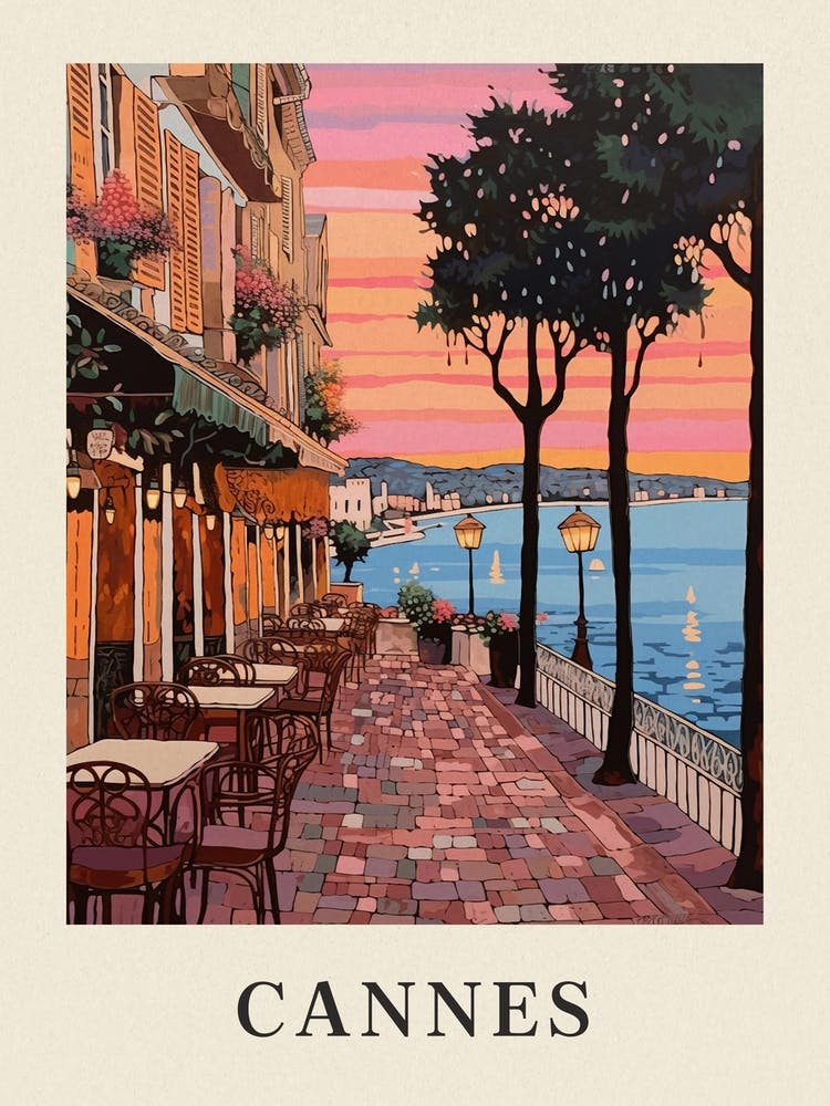 Cannes France 4 Vintage Pink Travel Illustration Poster