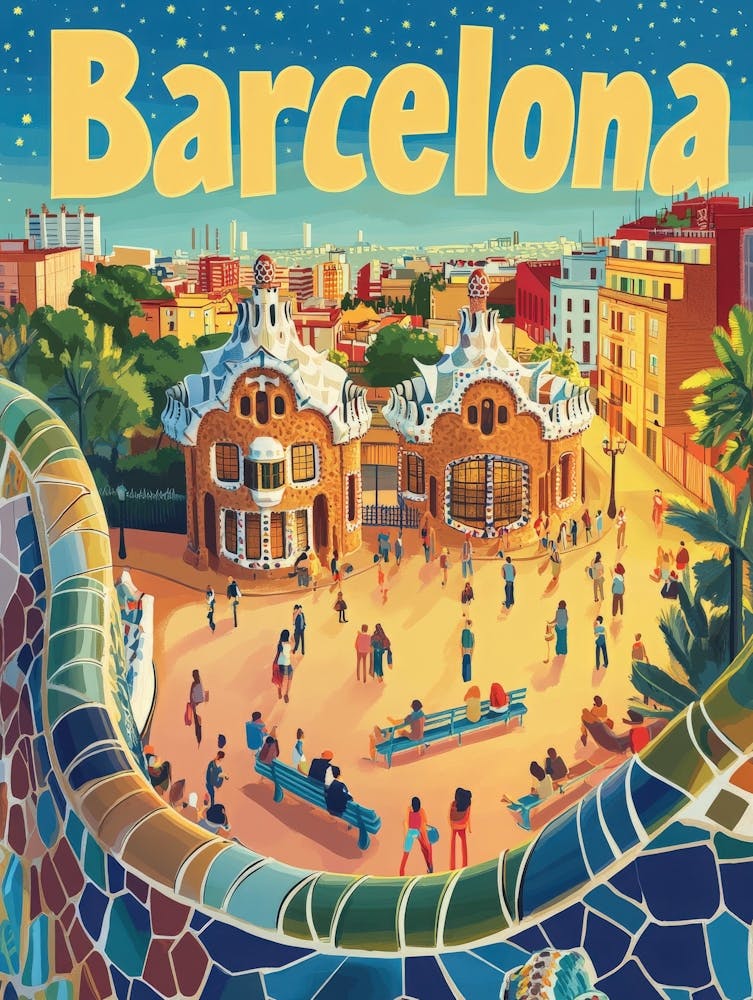 Aihrgdesign Ein von den 1970er Jahren inspiriertes Reiseposter für Barcelona 2