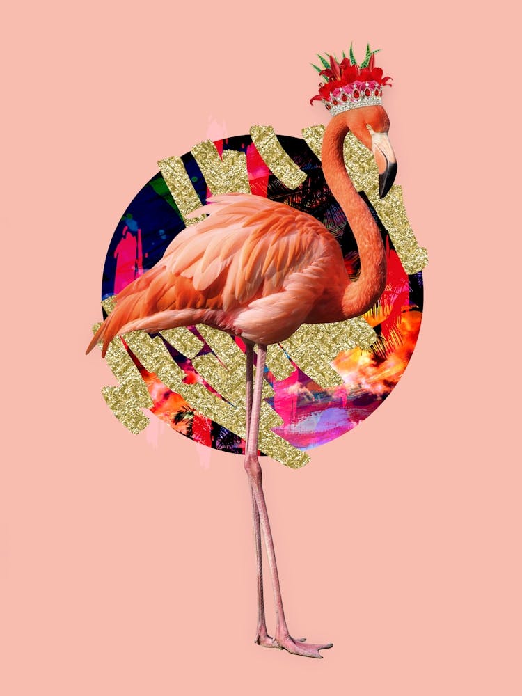 Royal Flamingo Wearing Floral Crown In Pink And Gold