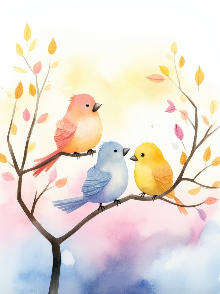Oiseaux À L'Aquarelle Sur Une Branche
