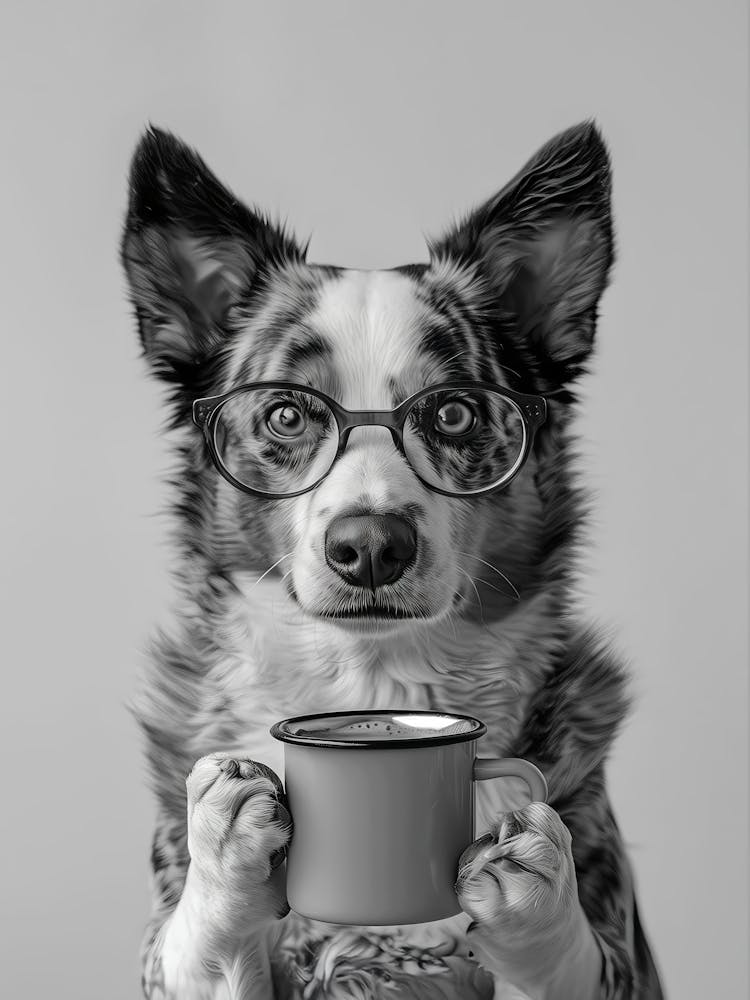 Australian Cattle Dog Drinking Coffee Wall Art, Black And White Print, Coffee Lover Print, Dog Gift, Funny Dog Poster, Kitchen Wall Decor