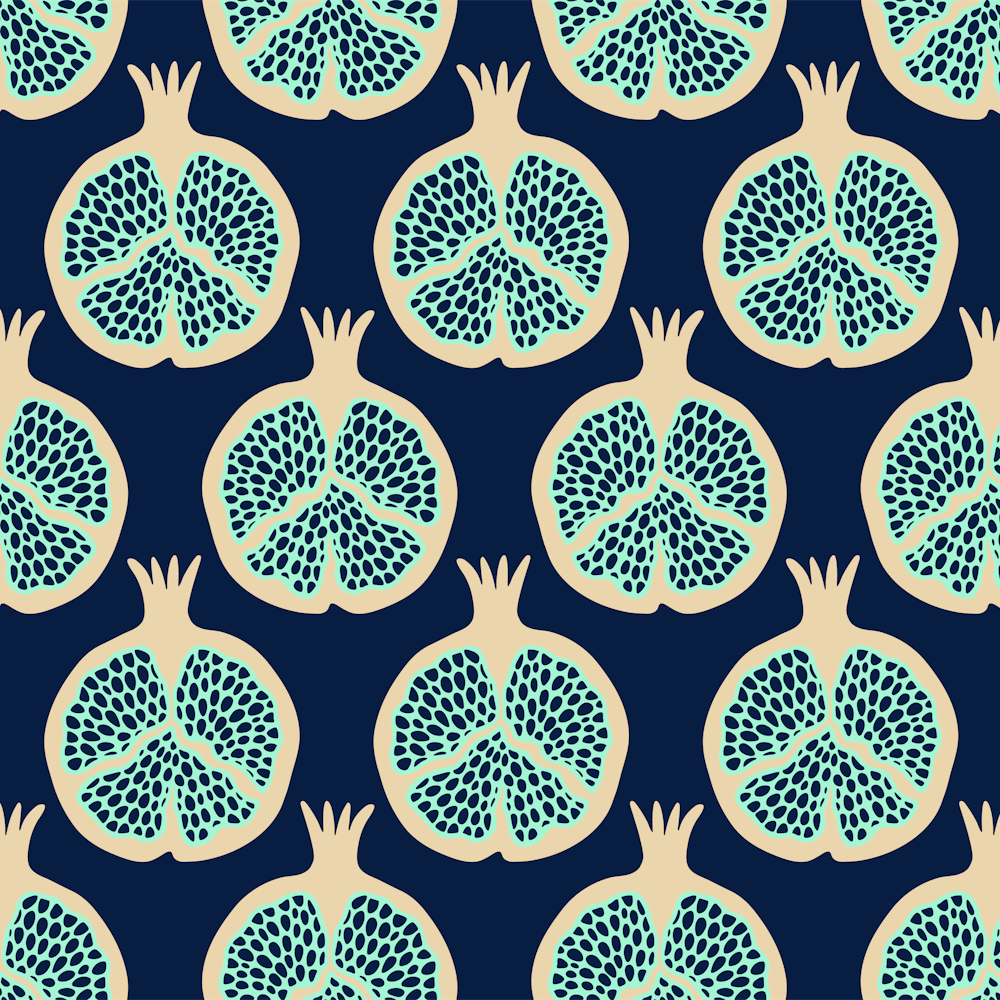 POMEGRANATES Fresh Ripe Plump Fruit in Sand Mint on Midnight Blue